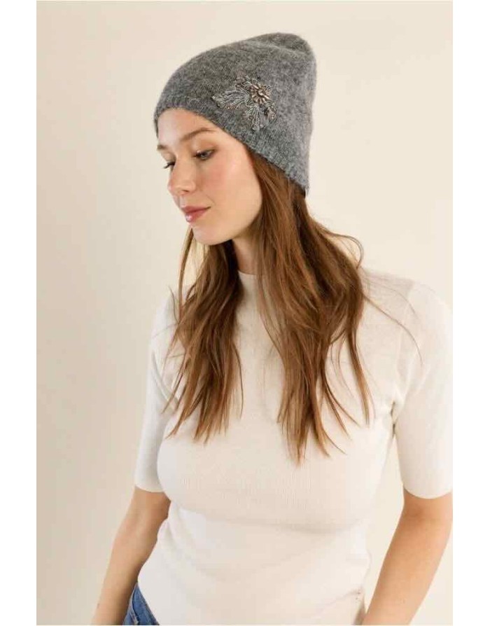 BONNET DUVETEUX BROCHE BRODÉE GRIS - MOLLY BRACKEN