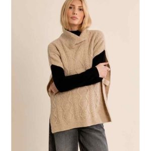 PONCHO BEIGE MAILLE TORSADÉE COL ROULÉ - MOLLY BRACKEN