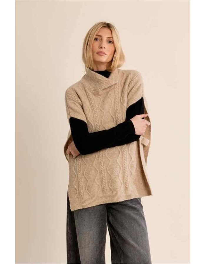 PONCHO BEIGE MAILLE TORSADÉE COL ROULÉ - MOLLY BRACKEN