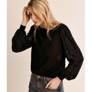 PULL MAILLE NOIR MANCHES FLEURIES MOLLY BRACKEN