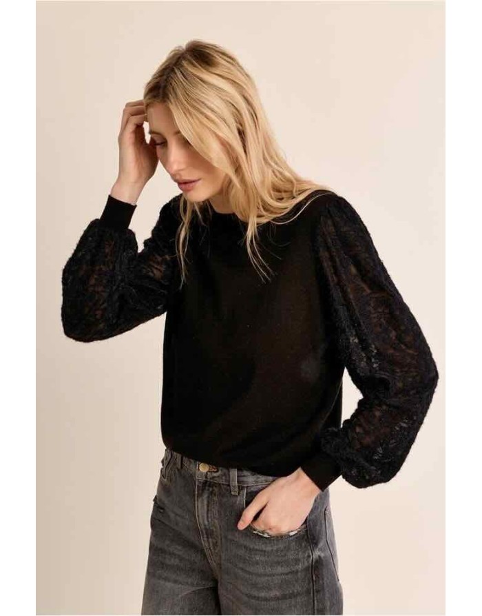 PULL MAILLE NOIR MANCHES FLEURIES MOLLY BRACKEN