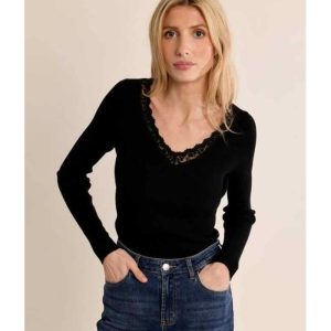 TOP NOIR MANCHES LONGUES ENCOLURE DENTELLE  - MOLLY BRACKEN