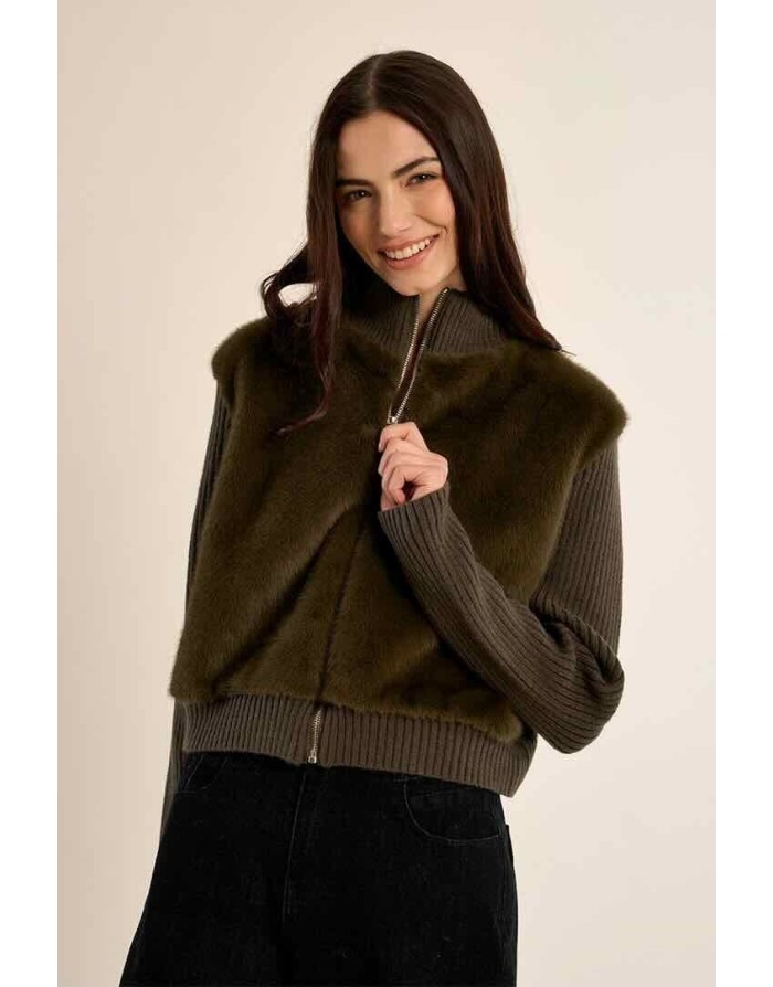 VESTE BI-MATIÈRE KAKI FAUSSE FOURRURE - MOLLY BRACKEN